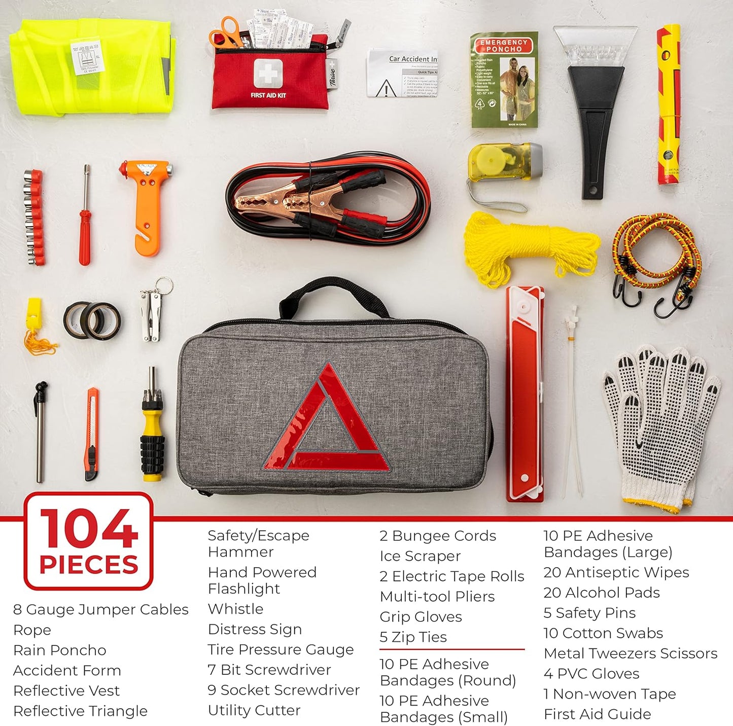 Emergency Car Kits for Vehicles - Roadside Emergency Car Kit (104 Pieces) - Car Kits for Emergency - Roadside Car Kit with Jumper Cables and Mini First Aid Kit - Gray Bag